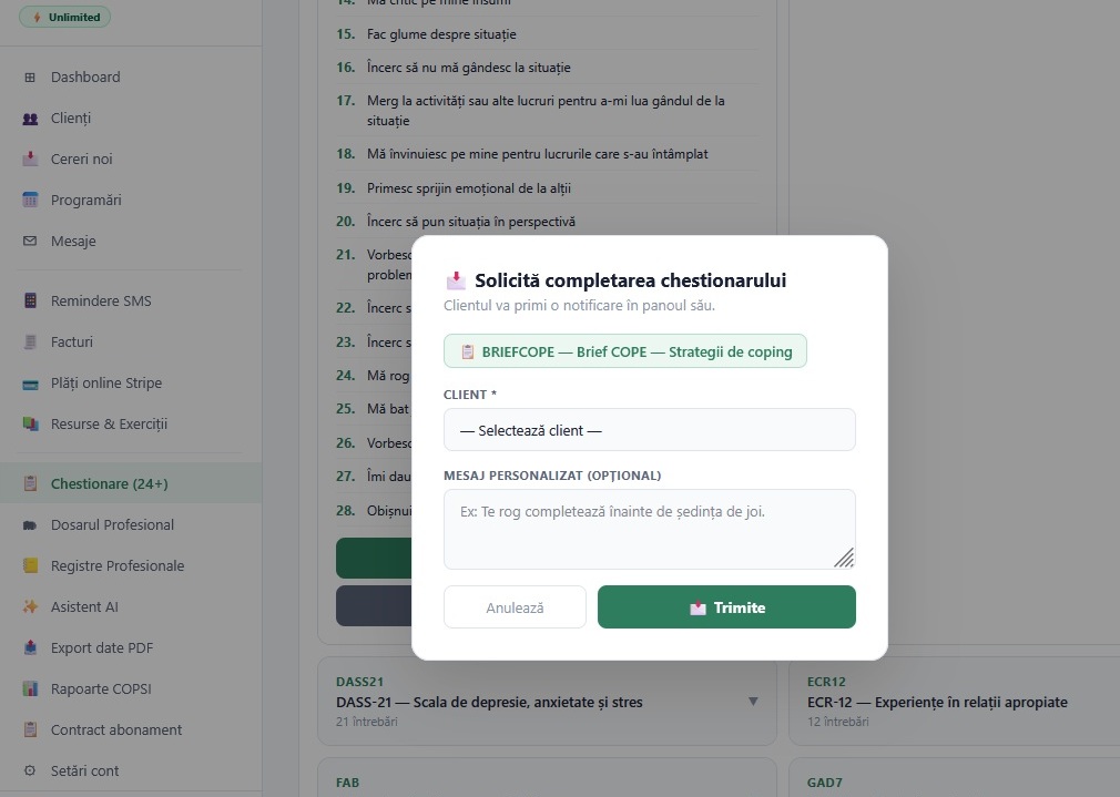Trimitere chestionar catre client