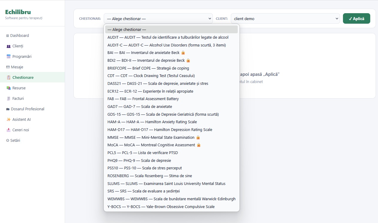 Selectare chestionar si trimitere catre client